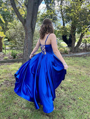 Royal Blue Satin Cowl Neck A-Line Prom Dress with High Slit