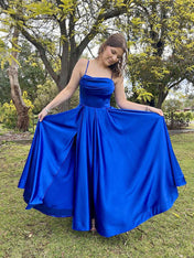 Royal Blue Satin Cowl Neck A-Line Prom Dress with High Slit