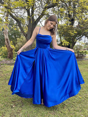 Royal Blue Satin Cowl Neck A-Line Prom Dress with High Slit