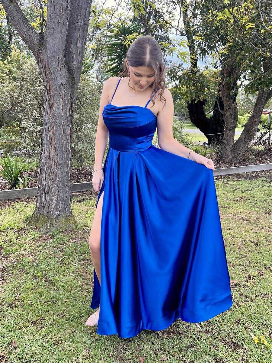 Royal Blue Satin Cowl Neck A-Line Prom Dress with High Slit