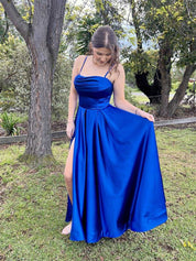 Royal Blue Satin Cowl Neck A-Line Prom Dress with High Slit