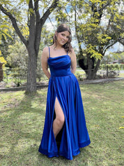 Royal Blue Satin Cowl Neck A-Line Prom Dress with High Slit