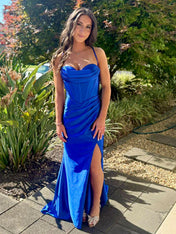 Royal Blue Satin Cowl Neckline Corset Prom Dress with High Slit