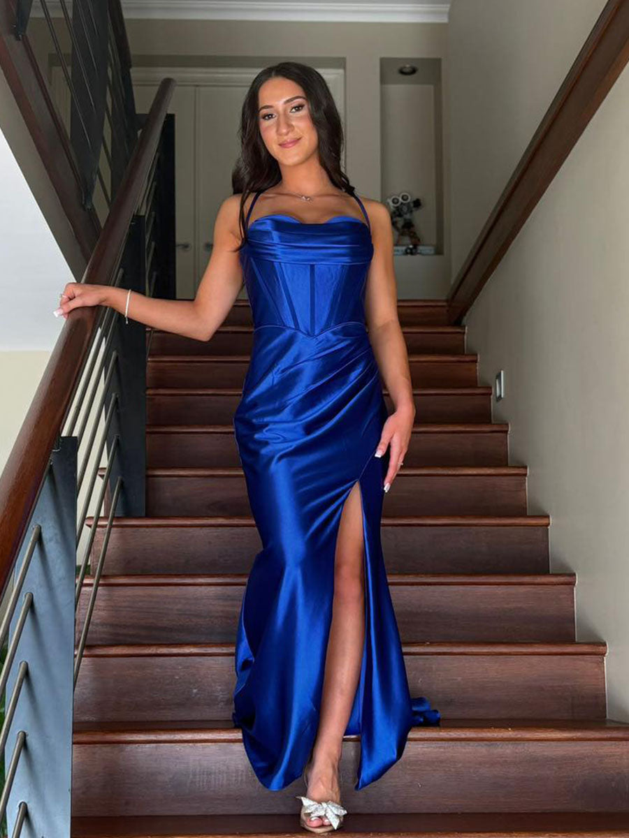 Dreamylily Prom Dress Royal Blue Satin Cowl Neckline Corset Evening