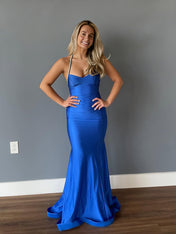Royal Blue Satin Mermaid Prom Dress with Sparkly Rhinestone Straps
