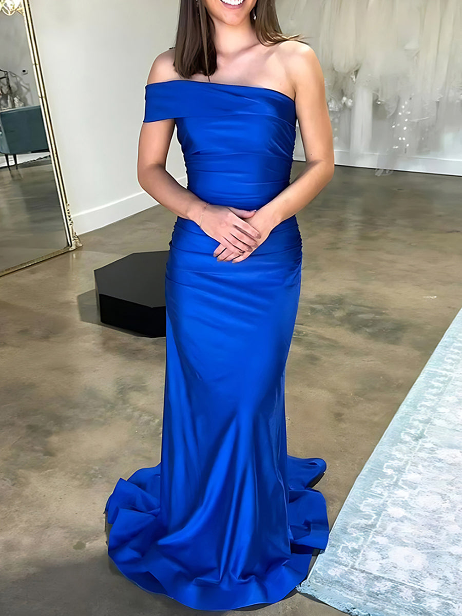 Royal Blue Satin One-Shoulder Ruched Bodice Prom Dress