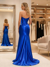 Royal Blue Satin Strapless Lace Trim Corset Prom Dress with High Slit