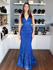 Royal Blue Sequin Embellished Mermaid Prom Dress with Illusion Cutouts