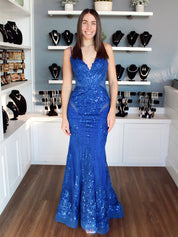 Royal Blue Sequin Embellished Mermaid Prom Dress with Illusion Cutouts