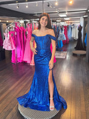 Royal Blue Sequin Off-the-Shoulder Corset Bodice Prom Dress with Slit