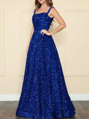 Royal Blue Sequin Square Neckline A-Line Prom Dress with Tank Straps