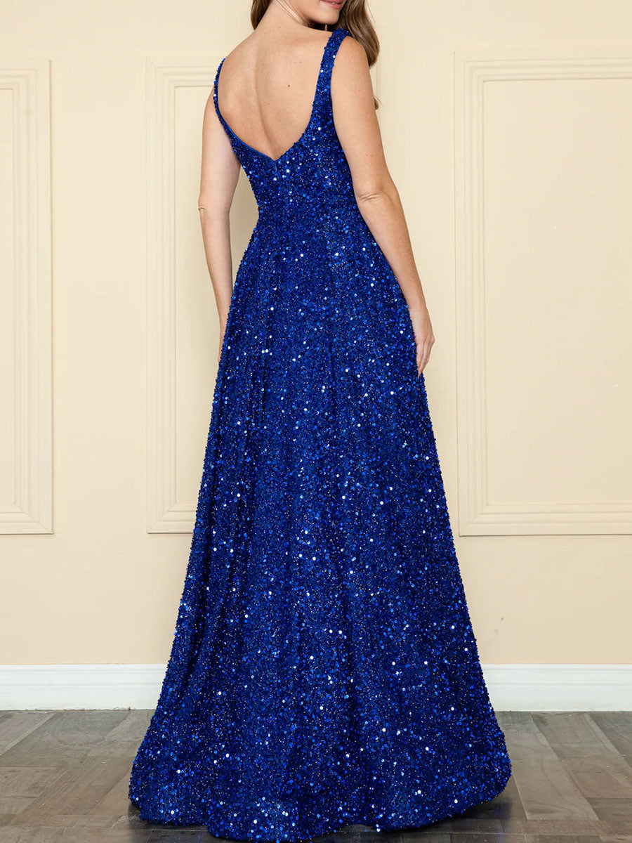Dreamylily Prom Dress Royal Blue Sequin Square Neckline A-Line Ball
