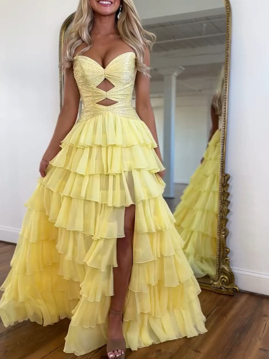 Royal Blue Sequined Cutout Tiered Ruffle Prom Dress with Slit