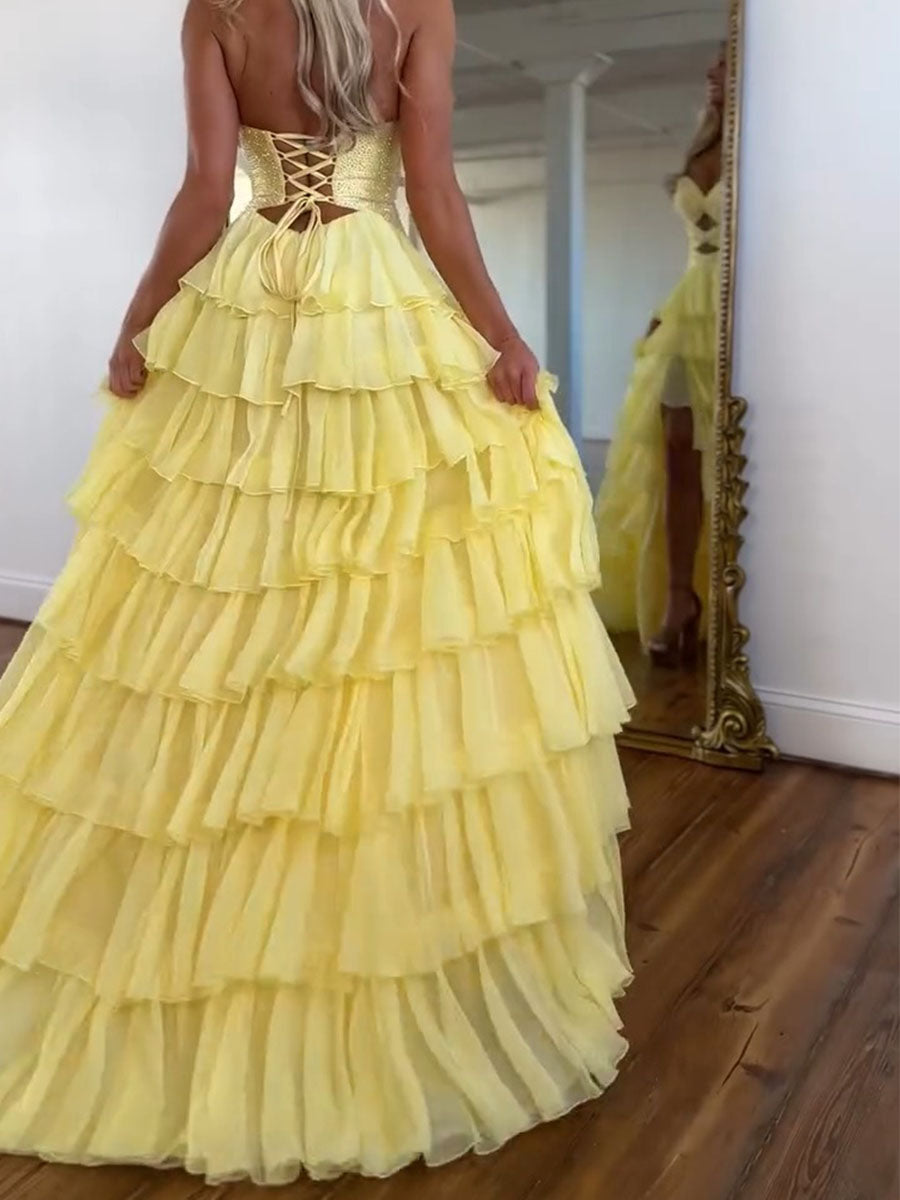 Royal Blue Sequined Cutout Tiered Ruffle Prom Dress with Slit