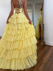 Royal Blue Sequined Cutout Tiered Ruffle Prom Dress with Slit