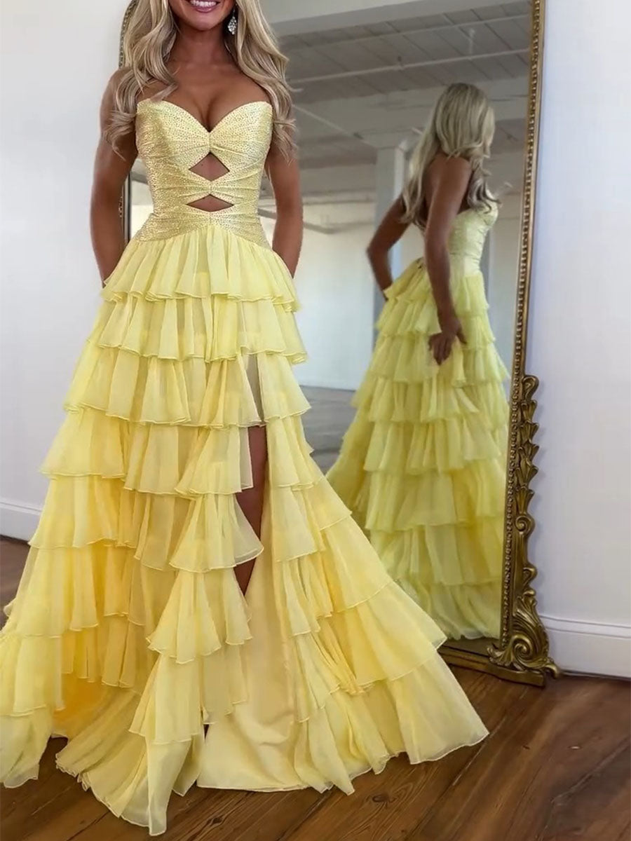 Royal Blue Sequined Cutout Tiered Ruffle Prom Dress with Slit