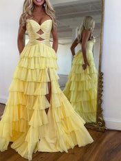 Royal Blue Sequined Cutout Tiered Ruffle Prom Dress with Slit