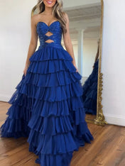 Royal Blue Sequined Cutout Tiered Ruffle Prom Dress with Slit