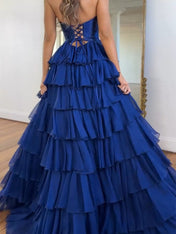 Royal Blue Sequined Cutout Tiered Ruffle Prom Dress with Slit