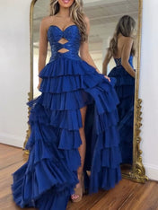 Royal Blue Sequined Cutout Tiered Ruffle Prom Dress with Slit