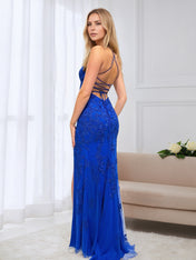Royal Blue Sheer Cascading Floral Lace Corset Prom Dress with High Slit