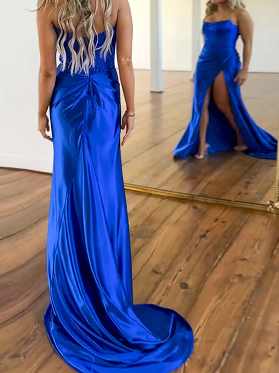 Dreamylily Prom Dress Royal Blue Strapless Beaded Corset Satin Evening