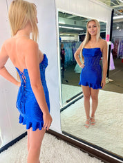 Royal Blue Strapless Bodycon Ruffles Short Homecoming Dress With Beading