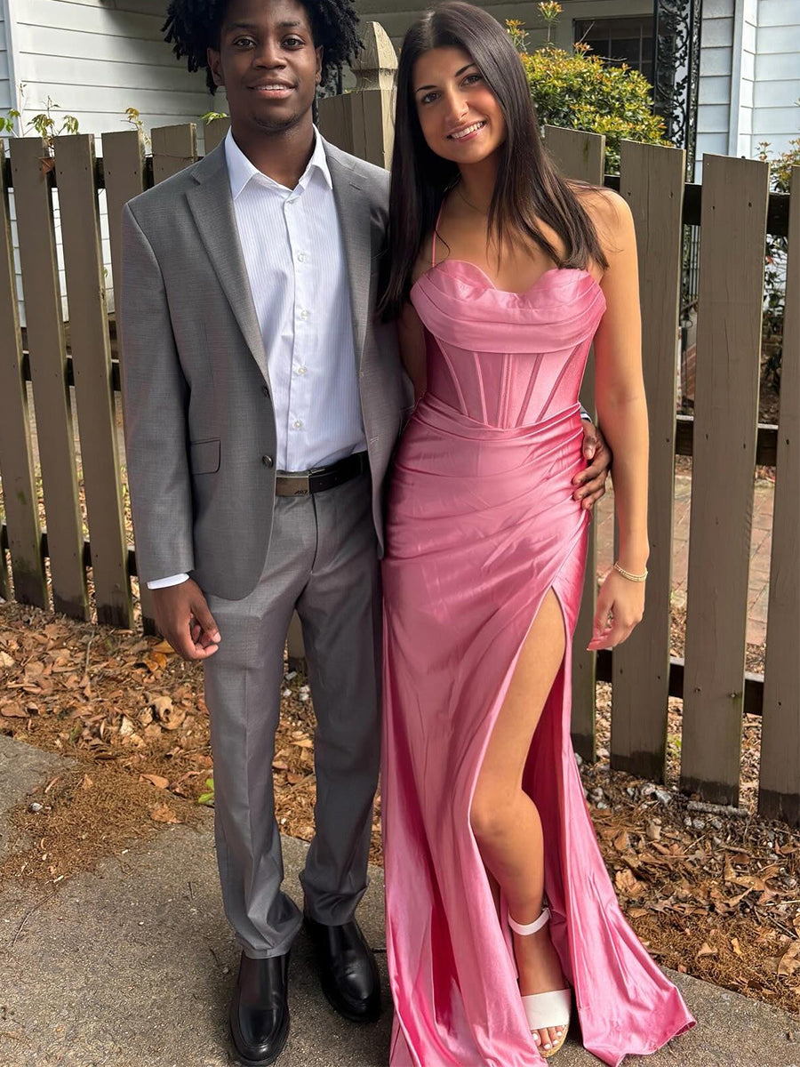 Royal Blue Strapless Cowl Neckline Corset Bodice Satin Prom Dress