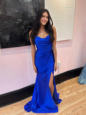 Royal Blue Strapless Cowl Neckline Corset Bodice Satin Prom Dress