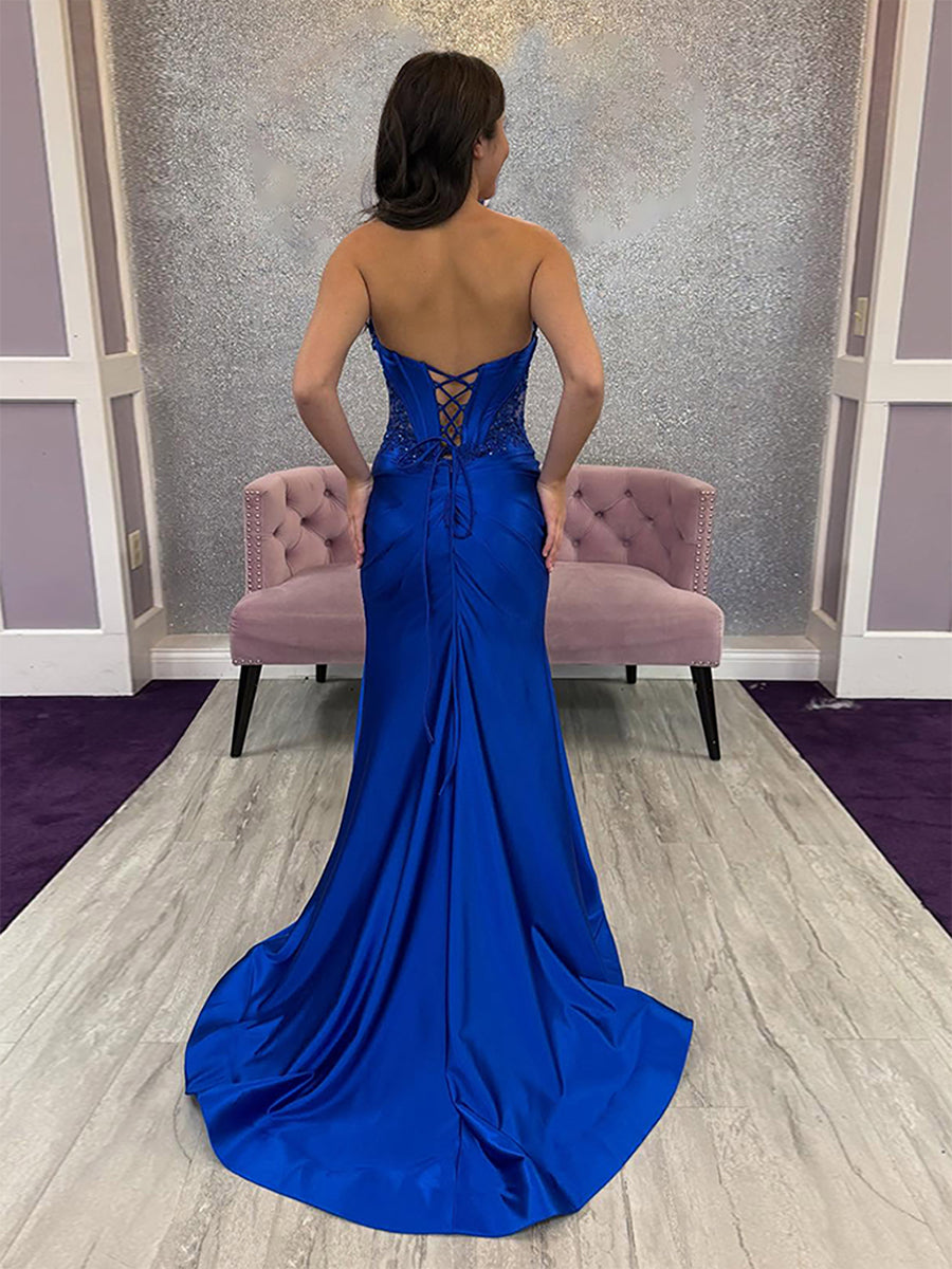 Royal Blue Strapless Exposed Boning Corset Prom Dress with High Slit