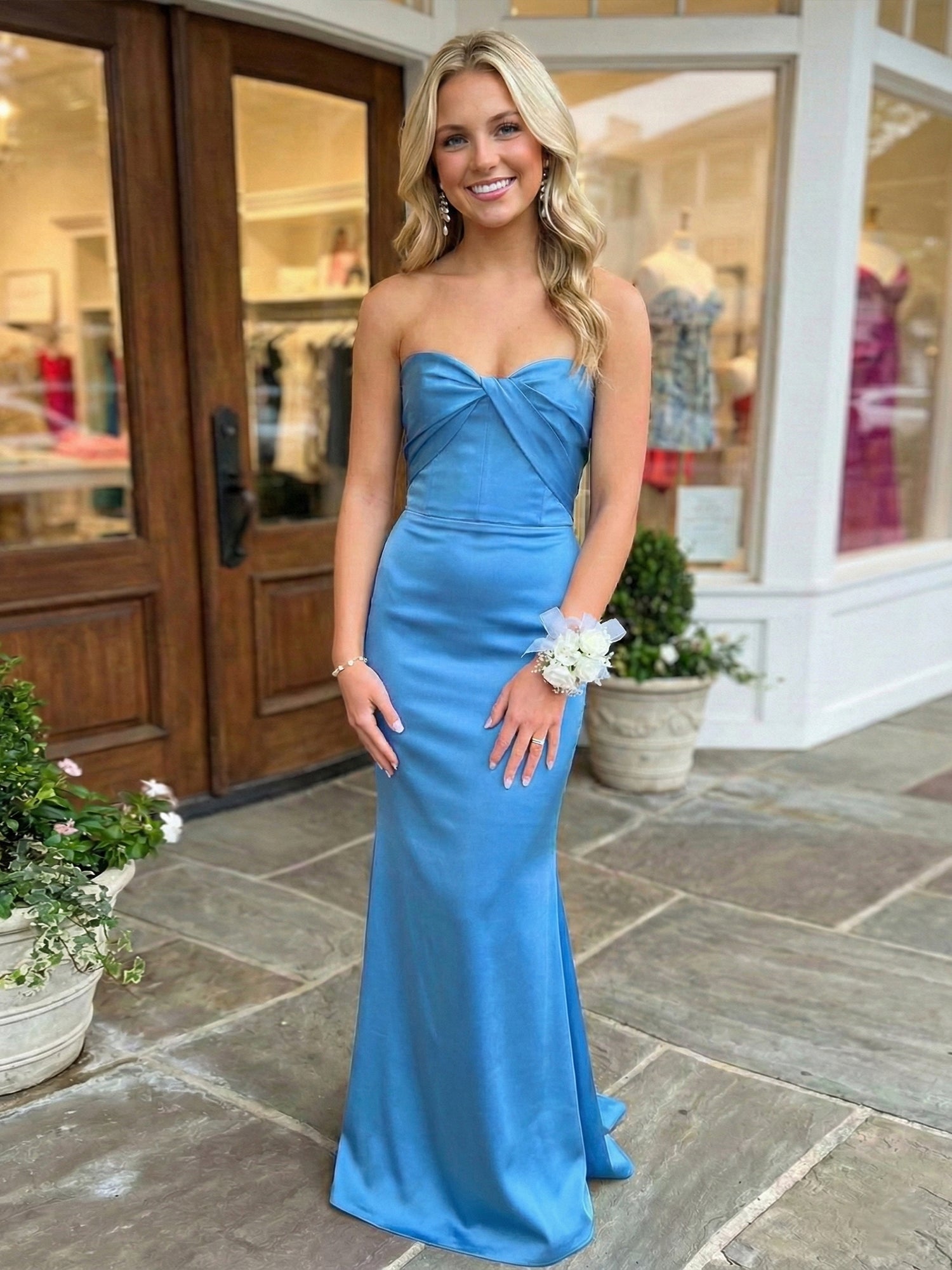 Royal Blue Strapless Long Prom Dress with Twist Detail