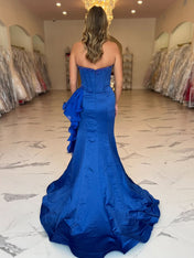 Royal Blue Strapless Satin Ruffled Long Corset Prom Dress with Slit