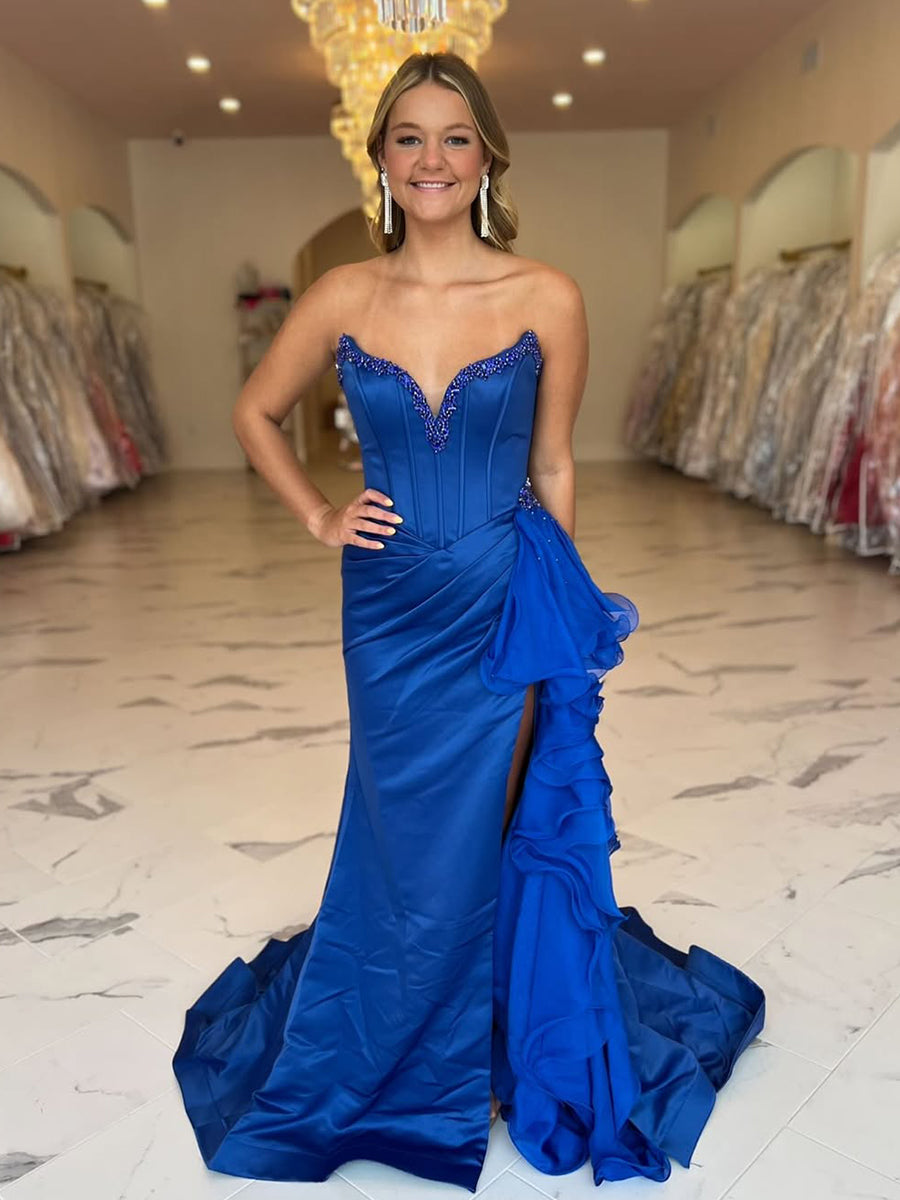 Dreamylily Prom Dress Royal Blue Strapless Satin Ruffled Long Corset