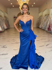 Royal Blue Strapless Satin Ruffled Long Corset Prom Dress with Slit