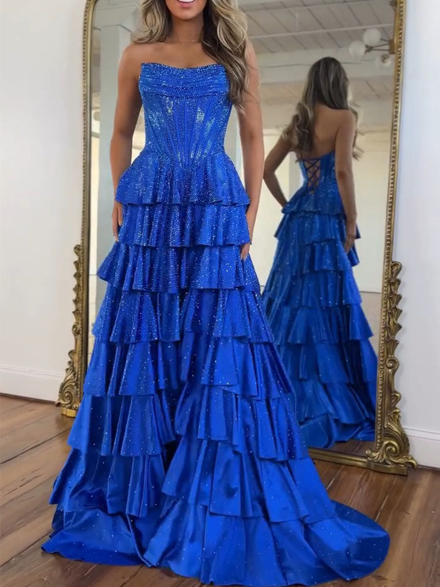 Royal Blue Strapless Tiered Ruffle Long Prom Dress with High Slit
