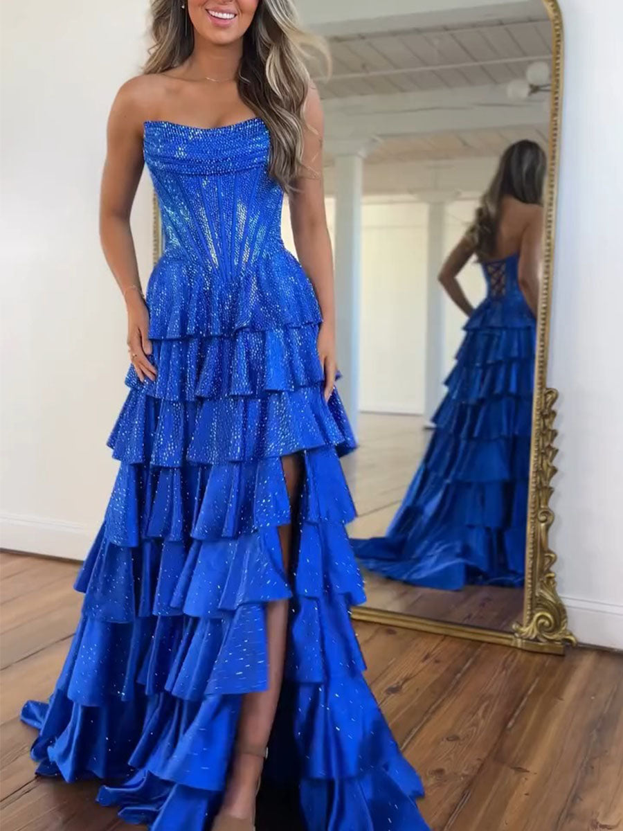 Royal Blue Strapless Tiered Ruffle Long Prom Dress with High Slit