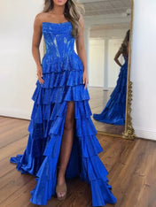 Royal Blue Strapless Tiered Ruffle Long Prom Dress with High Slit