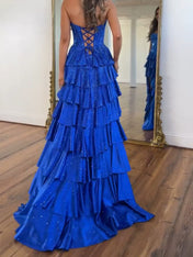 Royal Blue Strapless Tiered Ruffle Long Prom Dress with High Slit