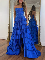 Royal Blue Strapless Tiered Ruffle Long Prom Dress with High Slit
