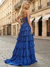 Royal Blue Strapless Tiered Ruffle Prom Dress with High Slit