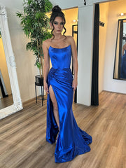 Royal Blue Mermaid Satin Strapless Long Prom Dress with Slit