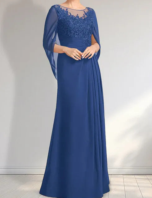 Robe de mère de la mariée trapèze en mousseline de soie et dentelle, longueur au sol, avec décolleté en V et paillettes plissées
