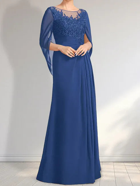 Robe de mère de la mariée trapèze en mousseline de soie et dentelle, longueur au sol, avec décolleté en V et paillettes plissées