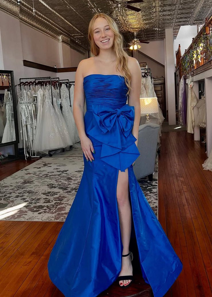 Red Mermaid Strapless Bow Satin Pleated Long Prom Dress with Slit