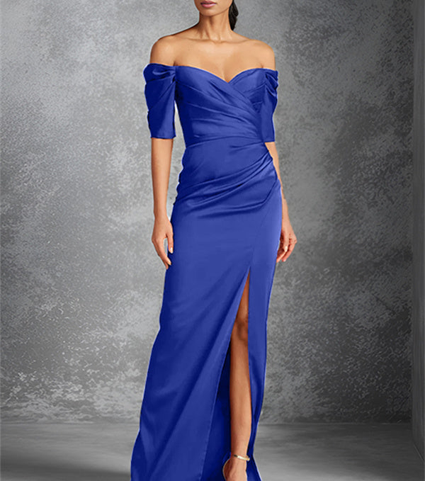 Column Off-the-Shoulder Short Sleeves Floor-Length Mother of the Bride Dresses With Split Front