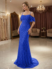 Sparkly Champagne Beaded Off-the-Shoulder Mermaid Long Prom Dress