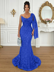 Glamorous Ice Blue One-Shoulder Sequin Corset Mermaid Prom Dresses