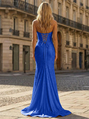 Yellow Beaded Halter Corset Prom Dress with High Slit