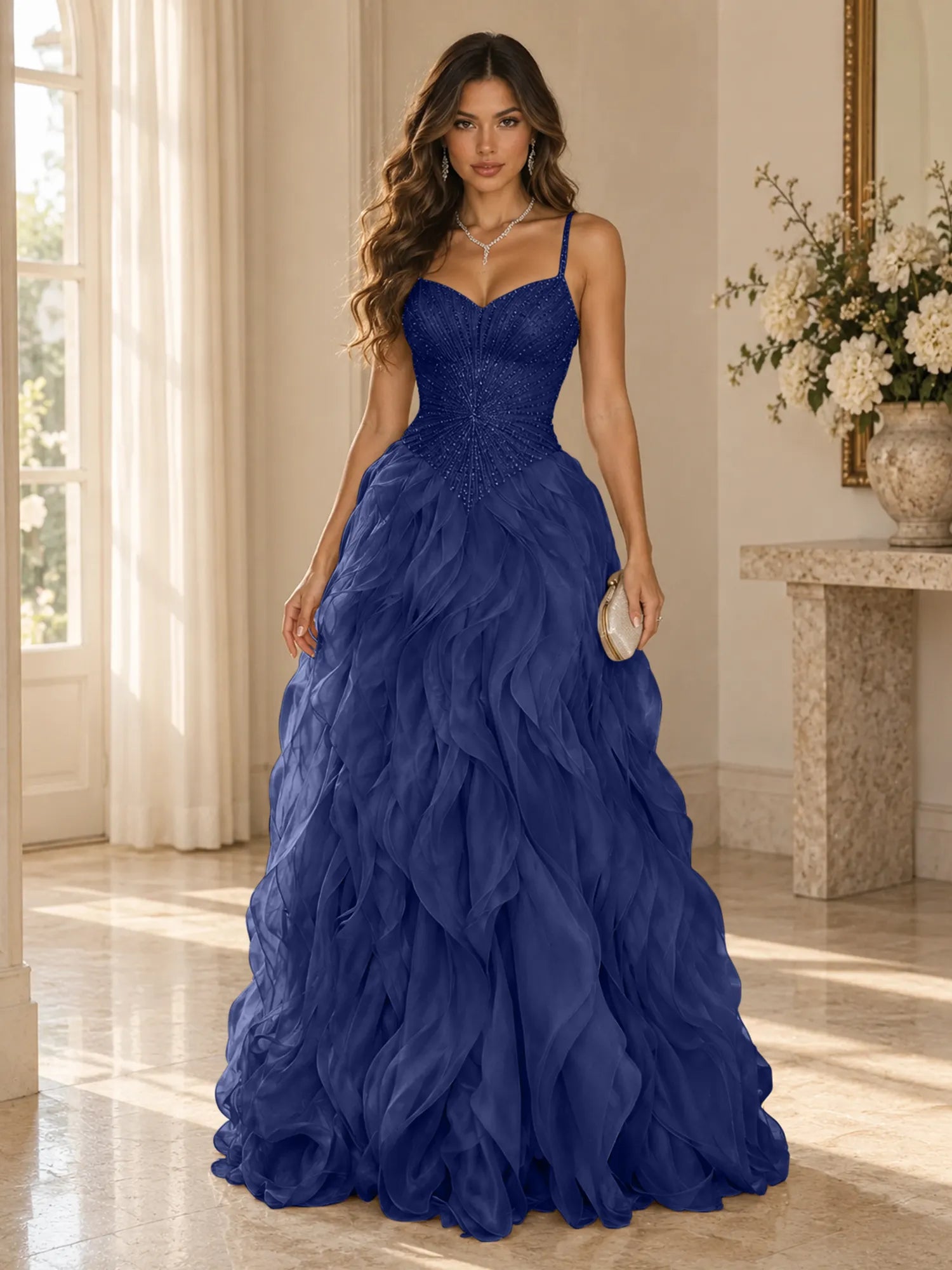 Elegant Beaded Spaghetti Strap Tiered Ruffle Ball Gown Evening Dress