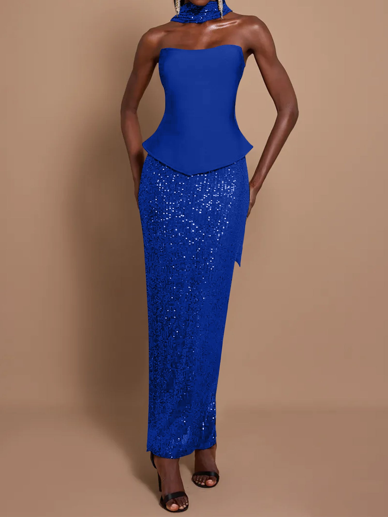 Off-Shoulder Bandage Top & Sequin Midi Skirt Set